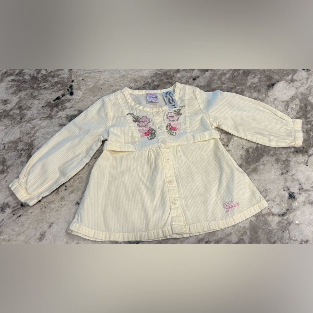 Vintage Guess Kids Pale Yellow Blouse with Pink Floral Embroidered Y2K kids